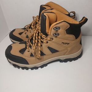 Tan and Black High-Top Hiking Boots with Rugged Outsole
